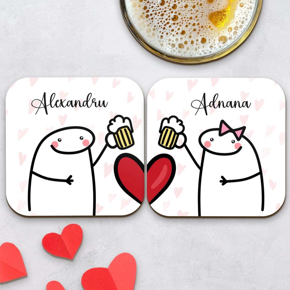 Set 2 suporturi de pahar personalizate cu text - Cute love