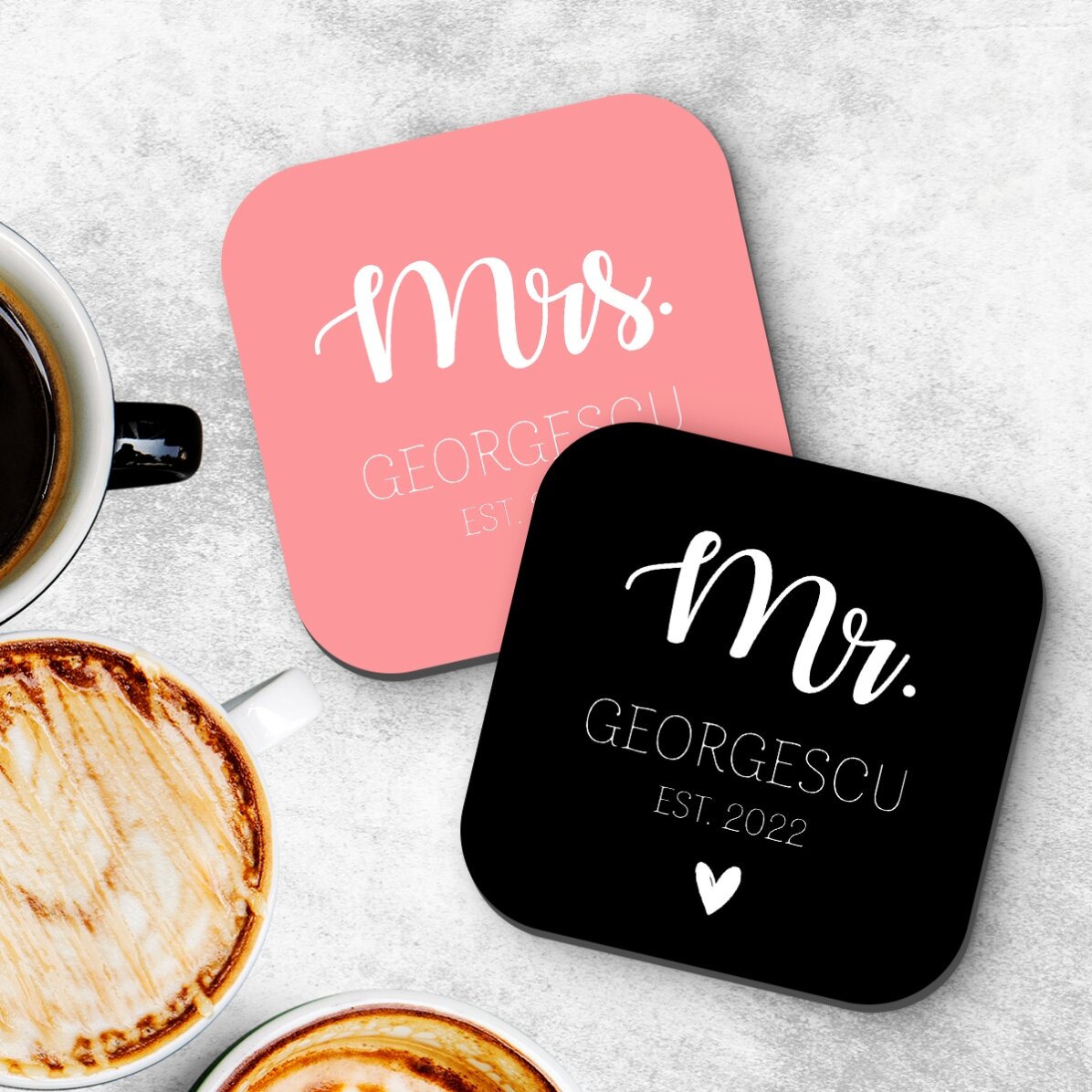 Set 2 suporturi de pahar personalizate cu text - Mrs and Mr