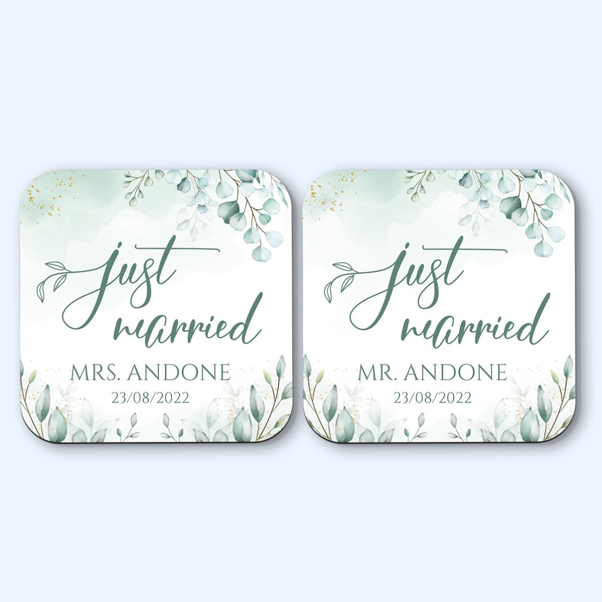 Set 2 suporturi de pahar personalizate cu text - Just Married Elegance