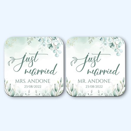 Set 2 suporturi de pahar personalizate cu text - Just Married Elegance