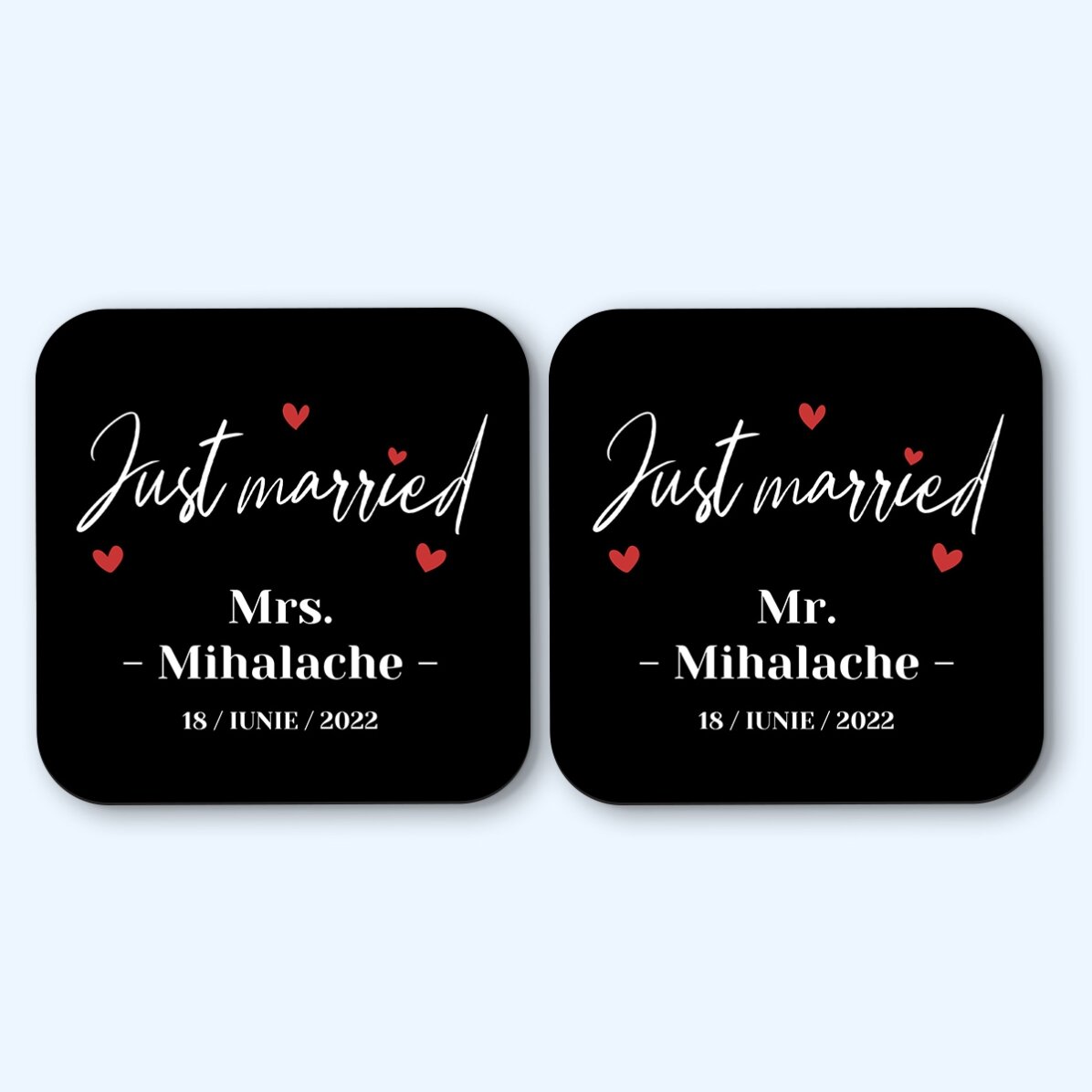 Set 2 suporturi de pahar personalizate cu text - Just Married