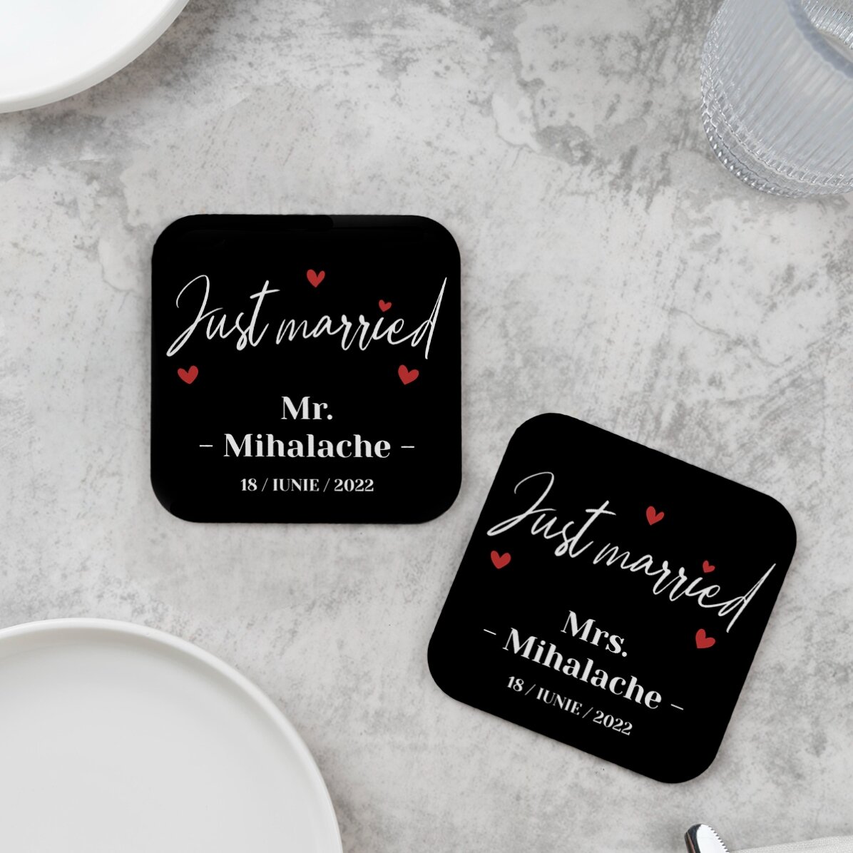 Set 2 suporturi de pahar personalizate cu text - Just Married