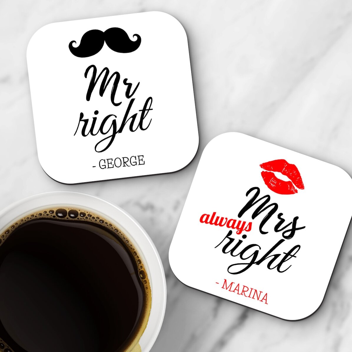 Set 2 suporturi de pahar personalizate cu text - Mr and Mrs Right