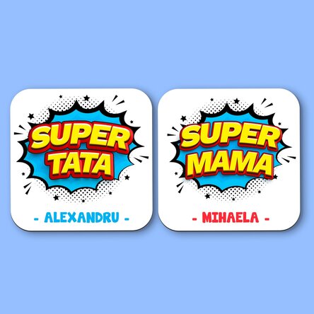 Set 2 suporturi de pahar personalizate cu text - Super părinți
