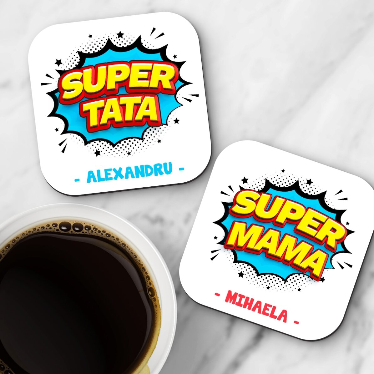 Set 2 suporturi de pahar personalizate cu text - Super părinți