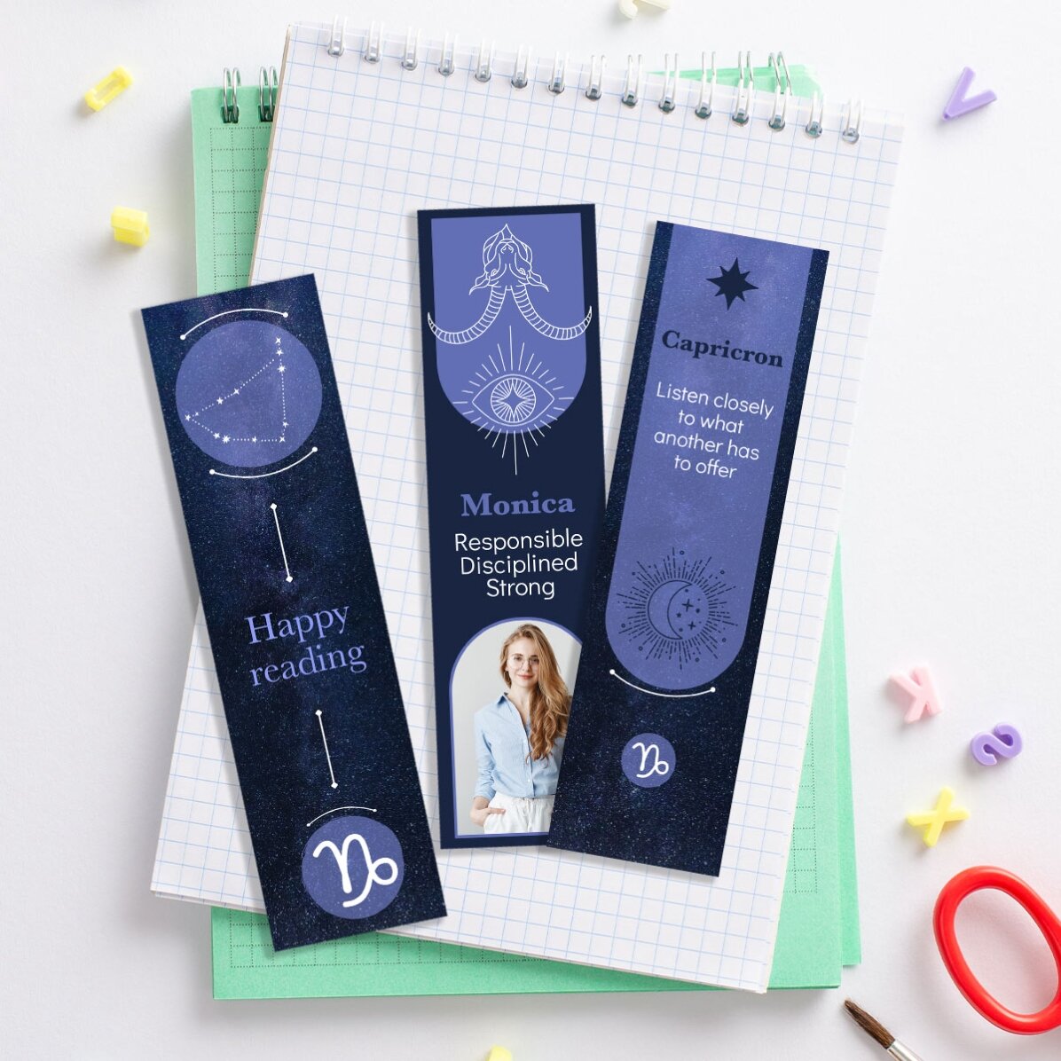 Set of 3 personalised bookmarks with message and photo - Capricorn zodiac sign