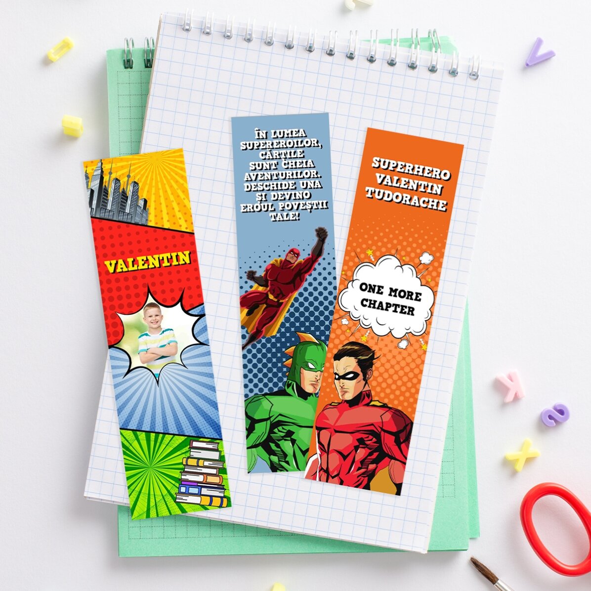 Set 3 semne de carte personalizate cu poză și text - Supereroi