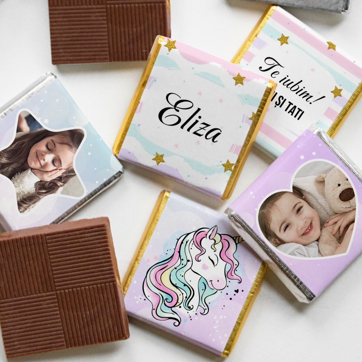 Set 5 mini ciocolățele personalizate cu poze și text - Unicorn