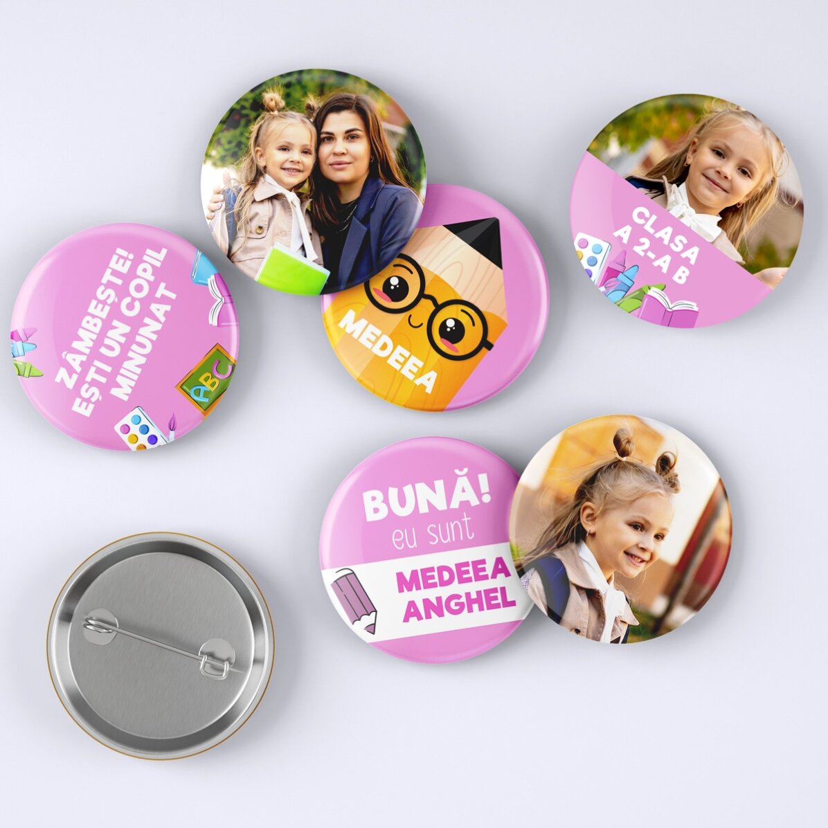 Set 6 insigne personalizate cu poze și mesaj - Back to School