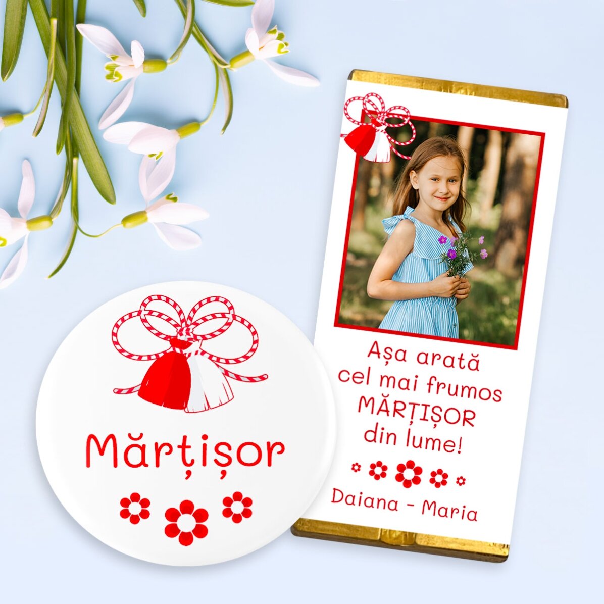 Gift set with badge and mini chocolate bar personalised with photo and text