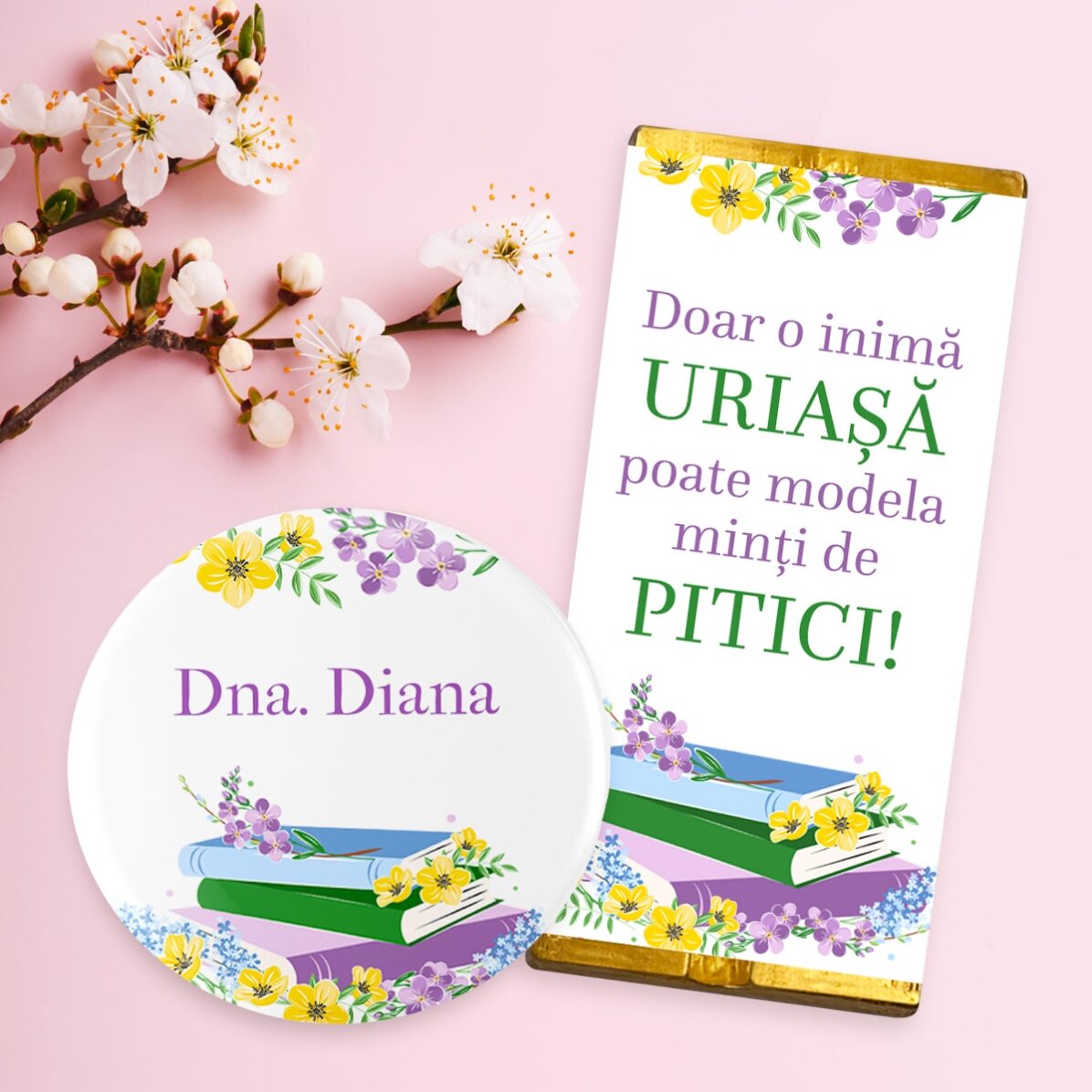 Gift set with mini chocolate bar and personalised badge with name - Teacher