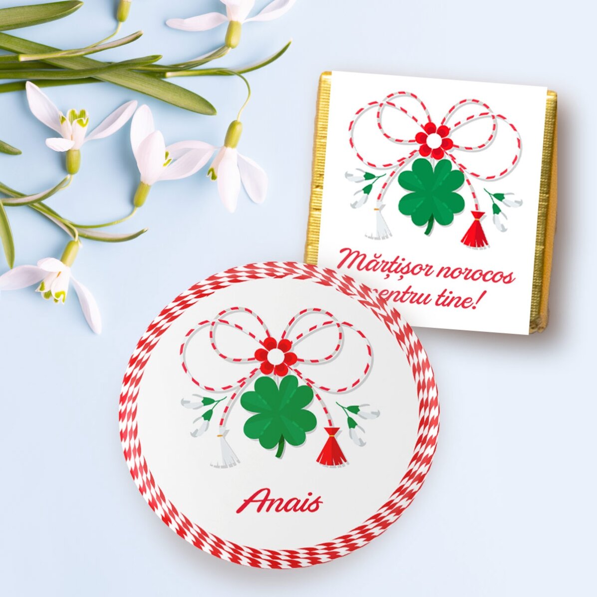 Gift set with mini chocolate and personalised badge with name - Good luck