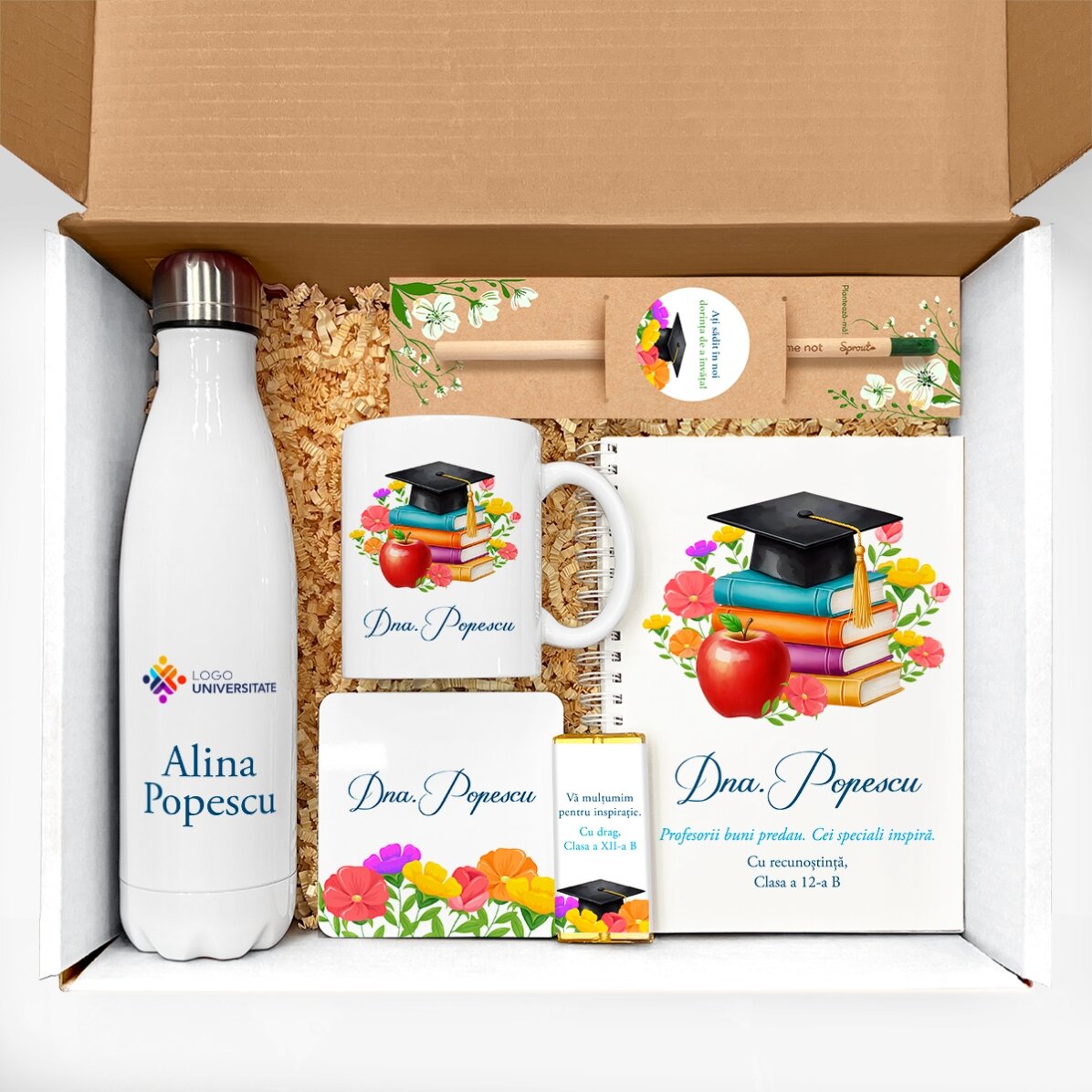Personalised gift set for teachers, featuring a message and logo