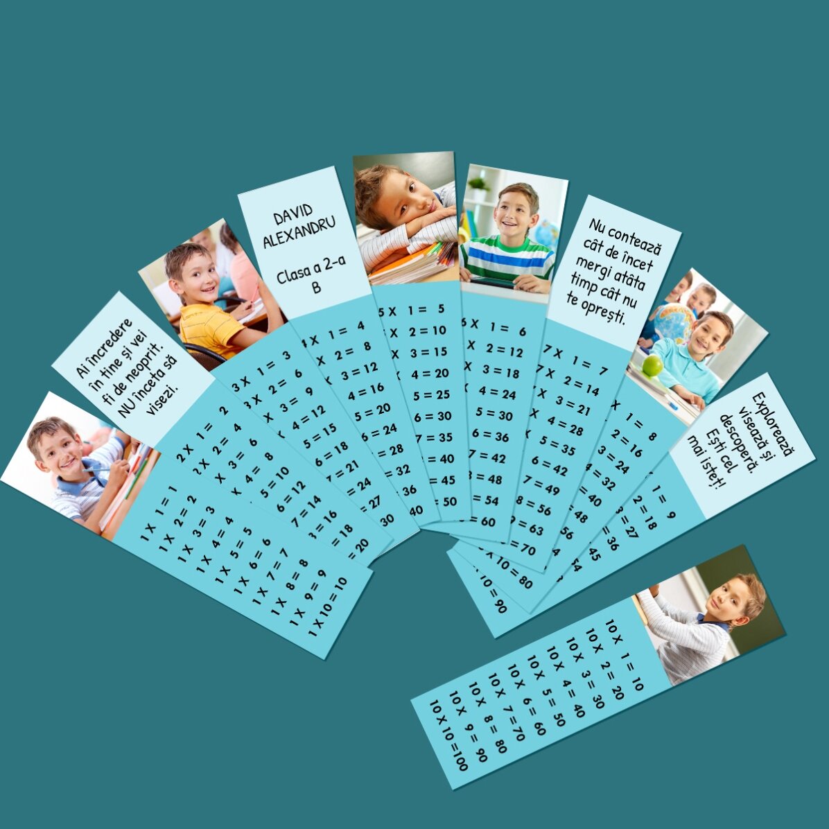 Set de 10 semne de carte personalizate cu text și poze - Tabla înmulțirii 