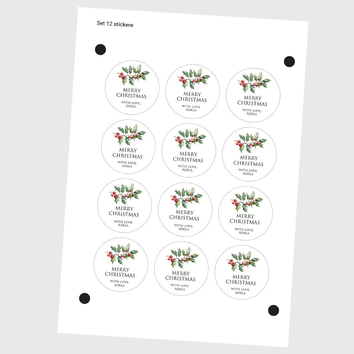 Set de 12 stickere (etichetă autoadezivă) rotunde, diametru 5cm personalizate cu mesaj - Crăciun