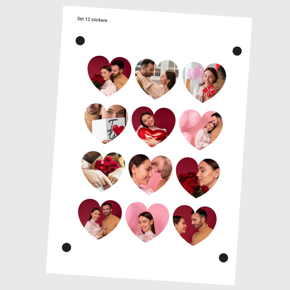 Set de 12 stickere (etichetă autoadezivă) în formă de inimă personalizate cu poze