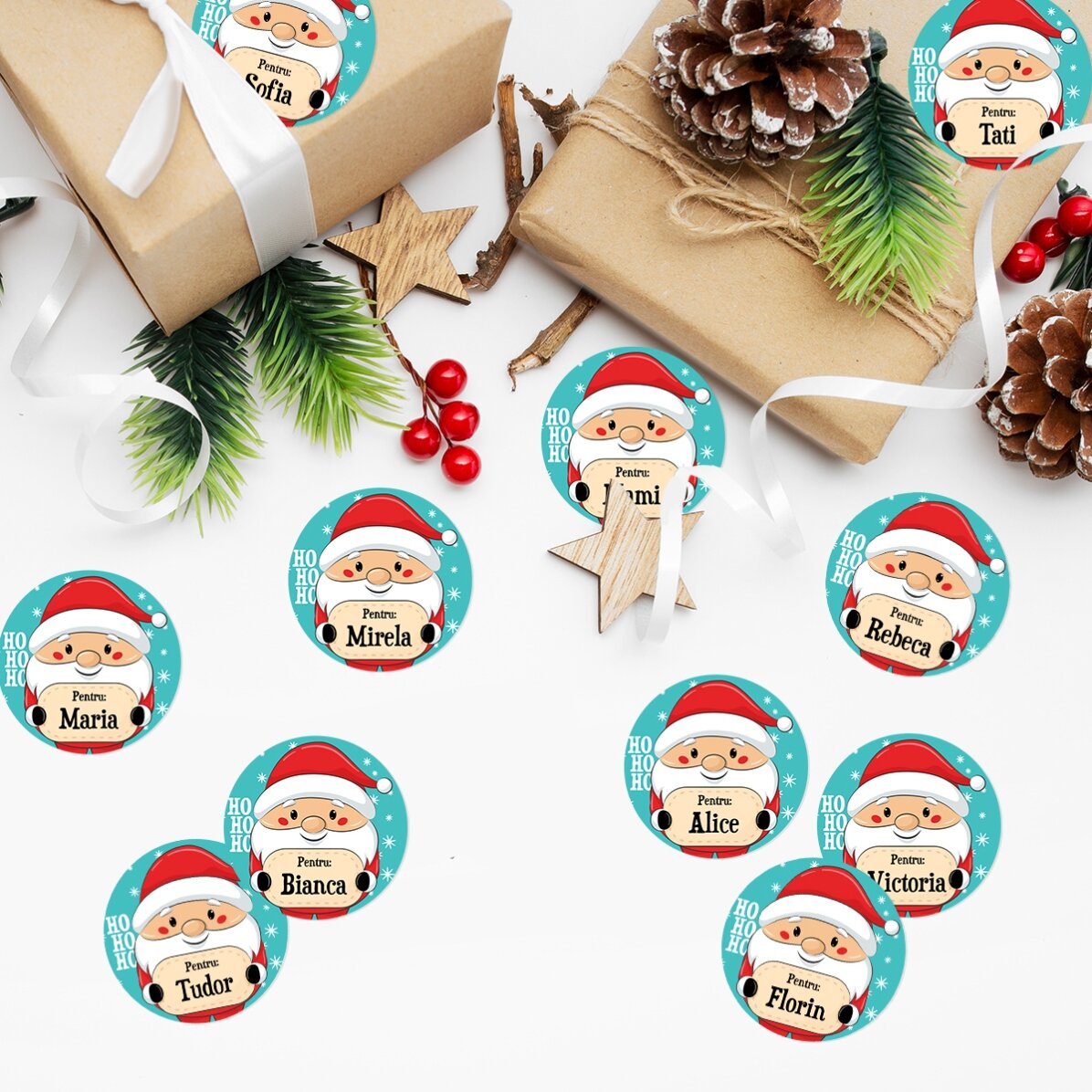 Set de 12 stickere (etichetă autoadezivă) personalizate cu mesaj - De la Moș Crăciun