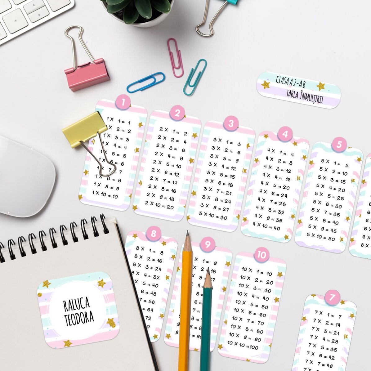 Set de 12 stickere (etichetă autoadezivă) personalizate cu text și tabla înmulțirii - Curcubeu