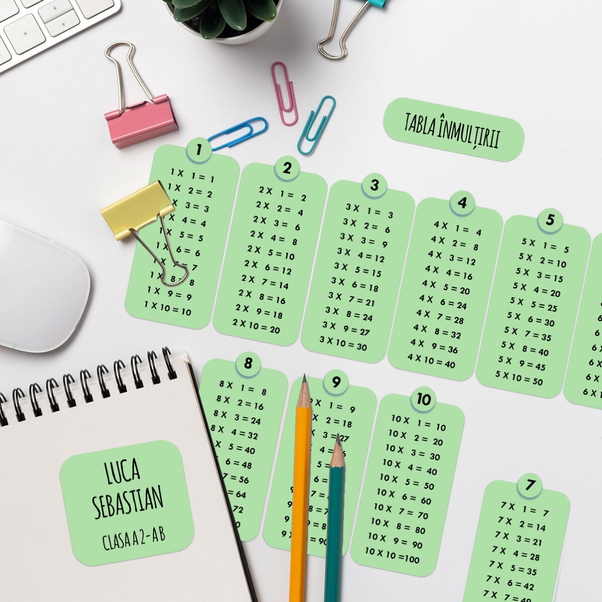 Set de 12 stickere (etichetă autoadezivă) personalizate cu text și tabla înmulțirii - Fundal colorat