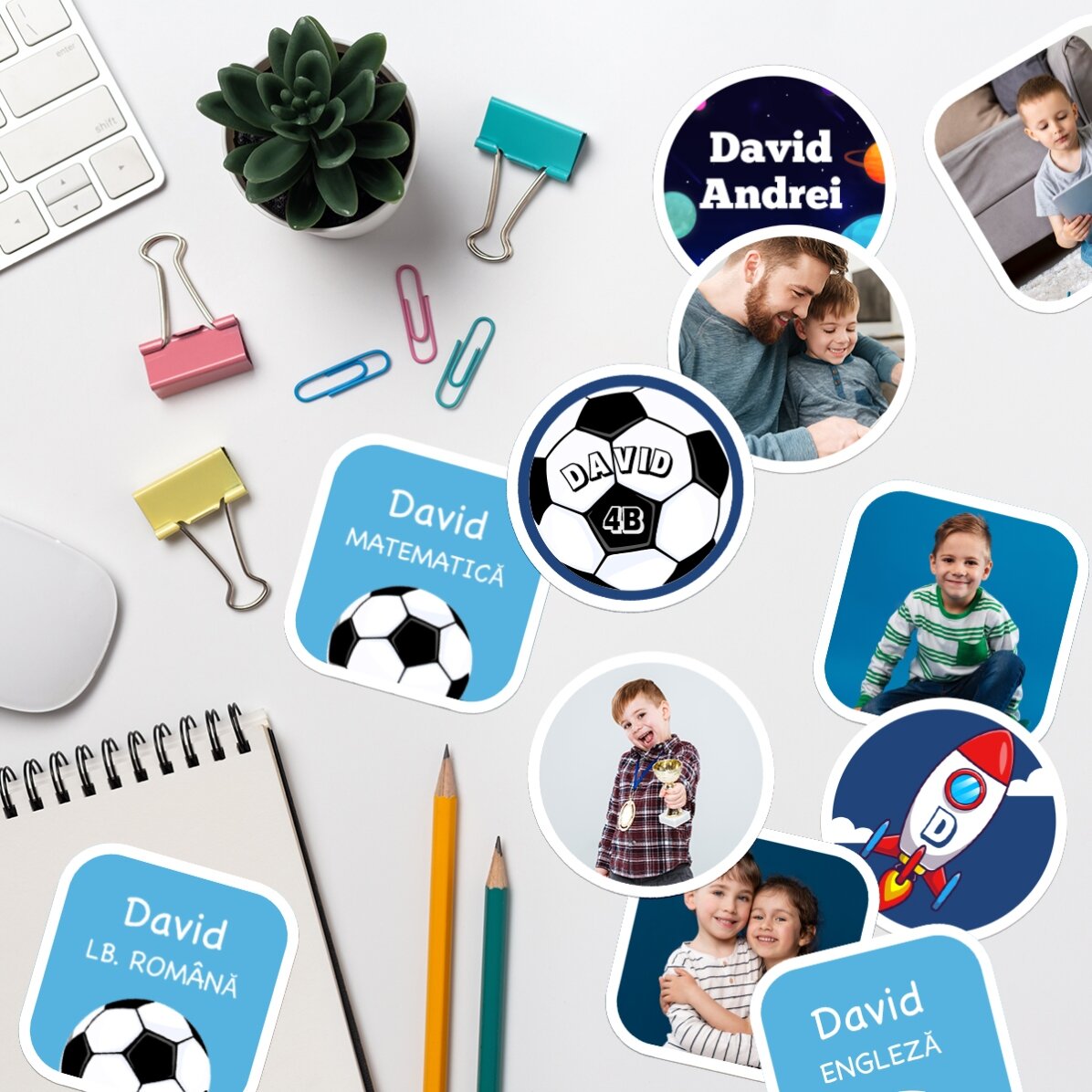 Set de 12 stickere (etichetă autoadezivă) personalizate pentru școală - Boys