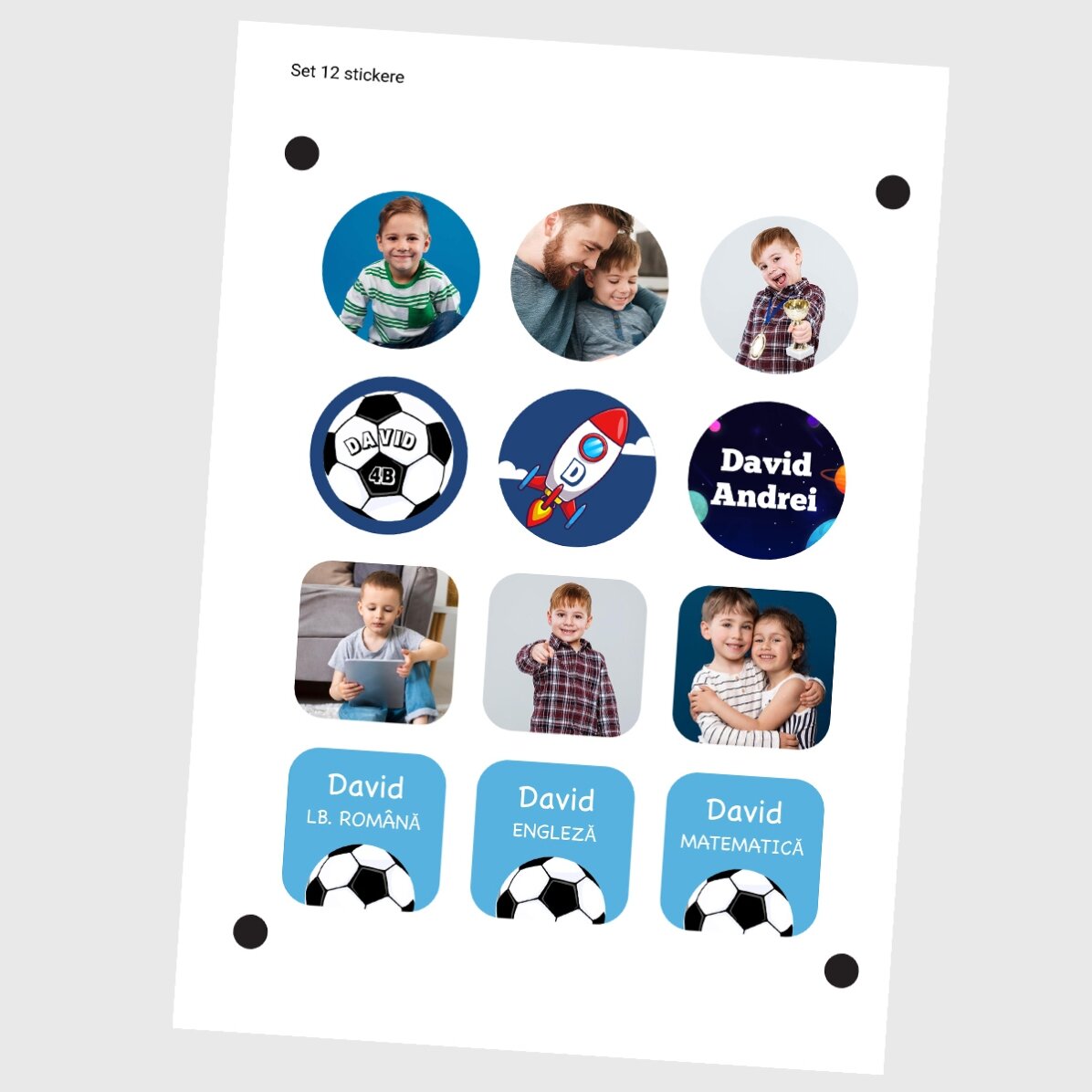 Set de 12 stickere (etichetă autoadezivă) personalizate pentru școală - Boys