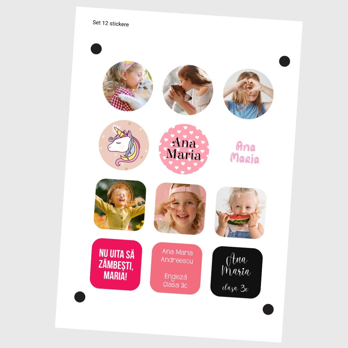Set de 12 stickere (etichetă autoadezivă) personalizate pentru școală
