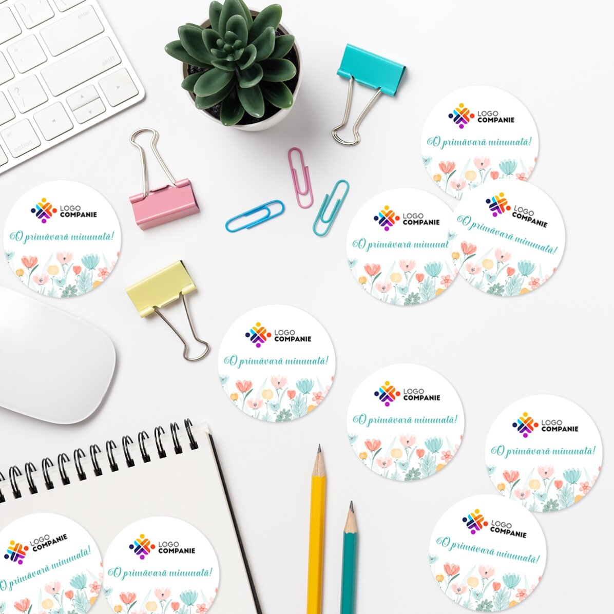 Set de 12 stickere (etichetă autoadezivă) rotunde, diametru 5cm personalizate cu logo și mesaj - Pri