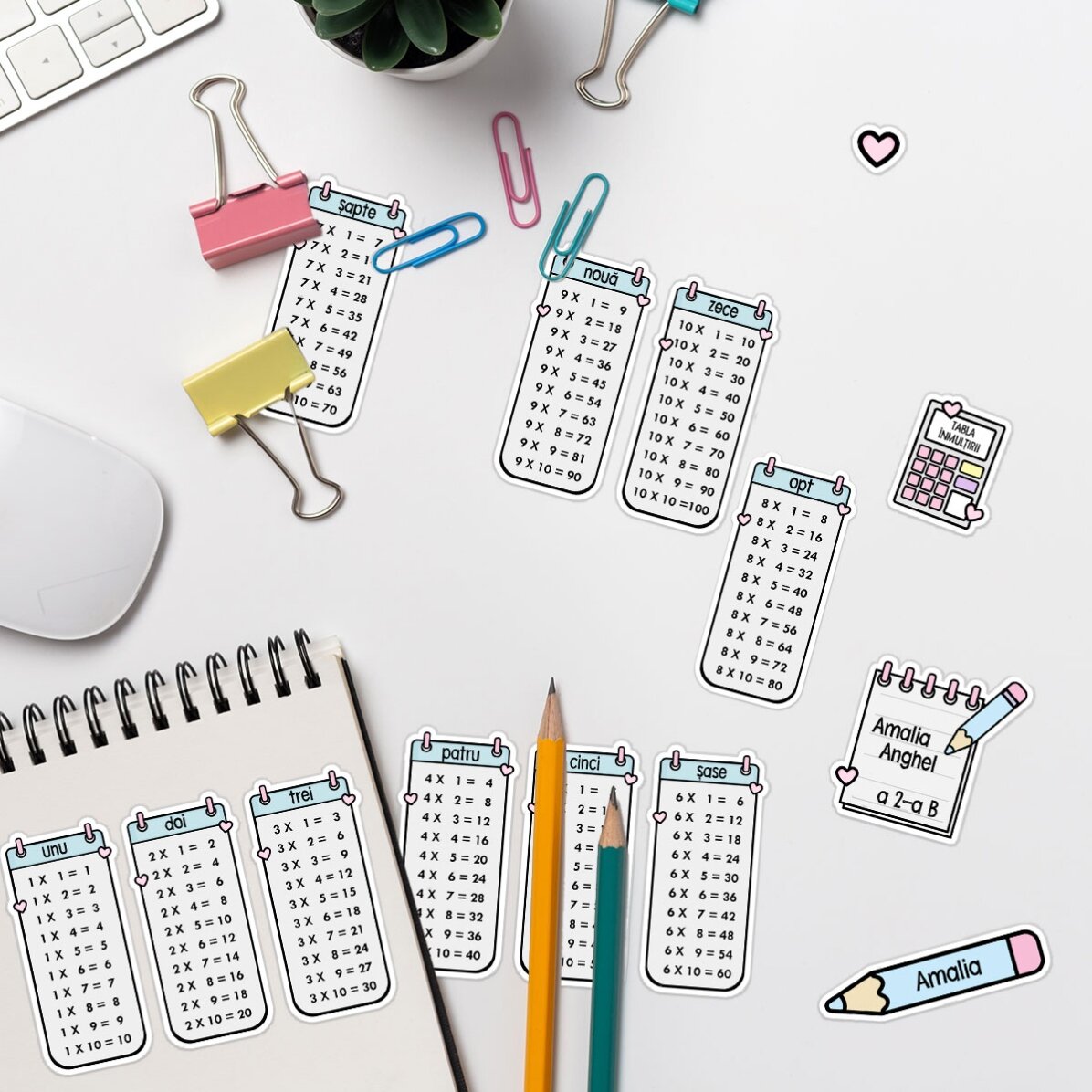 Set de 14 stickere (etichetă autoadezivă) personalizate cu text - Tabla înmulțirii cu inimioare