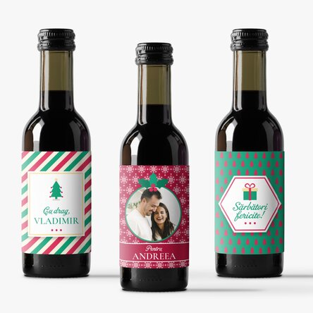 Set de 3 mini sticluțe de vin personalizate cu o poză și text - Crăciun fericit!