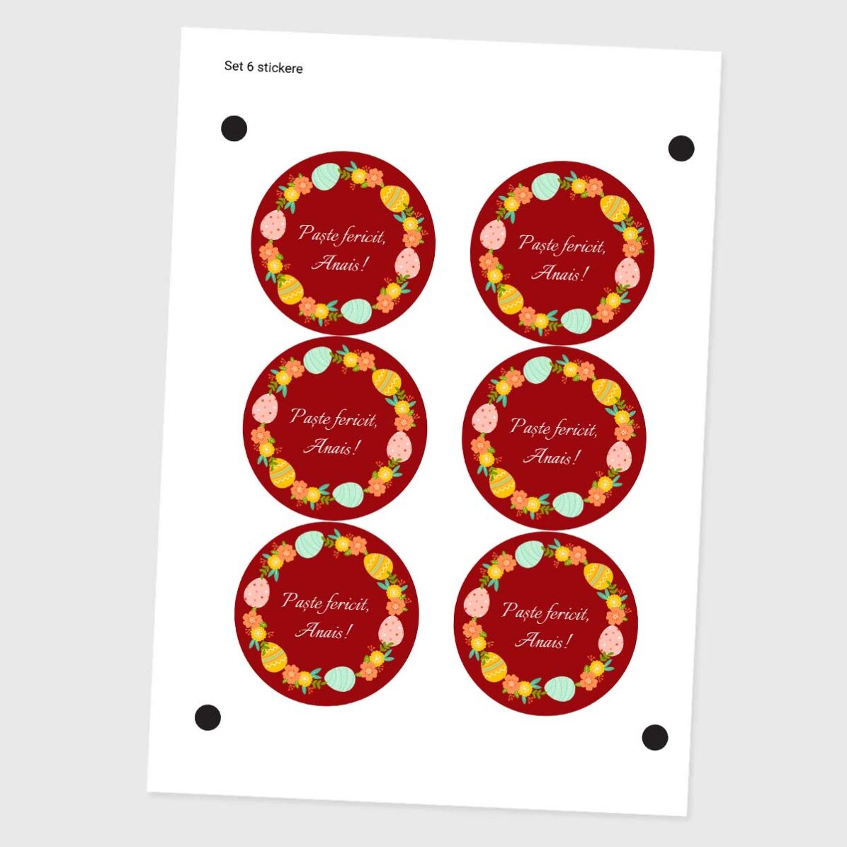 Set de 6 stickere (etichetă autoadezivă) rotunde personalizate cu text - Paște fericit!