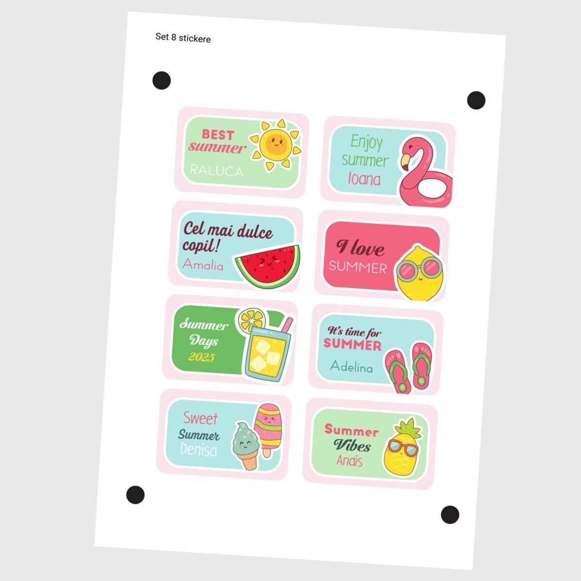 Set de 8 stickere (etichetă autoadezivă) personalizate cu mesaj - Summer