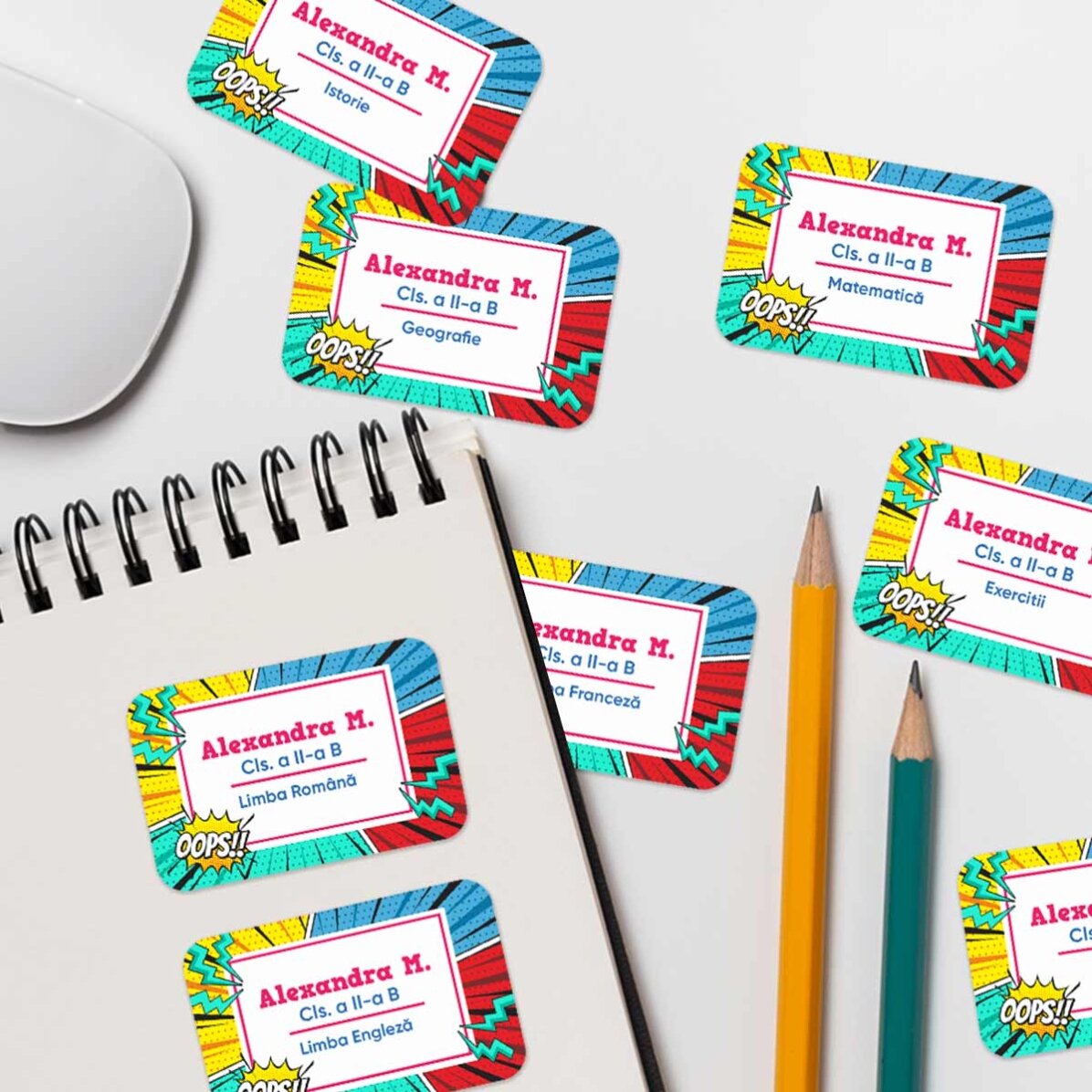 Set de 8 stickere (etichetă autoadezivă) personalizate cu text - Comics 