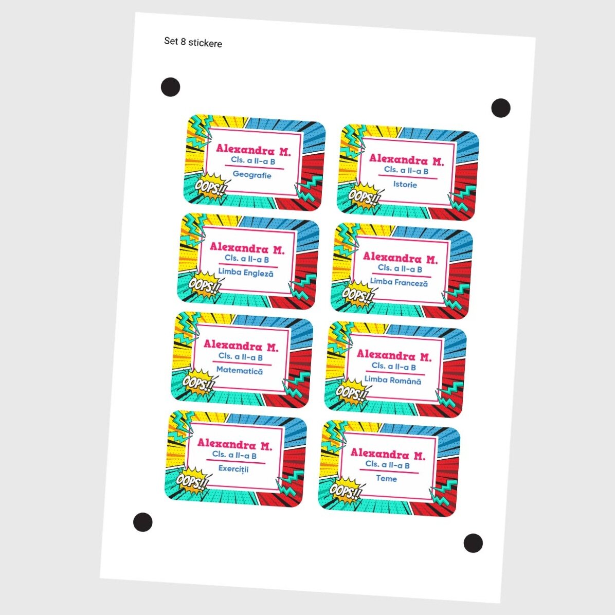 Set de 8 stickere (etichetă autoadezivă) personalizate cu text - Comics 