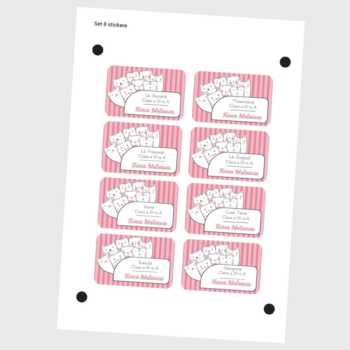 Set de 8 stickere (etichetă autoadezivă) personalizate cu text - Kitty