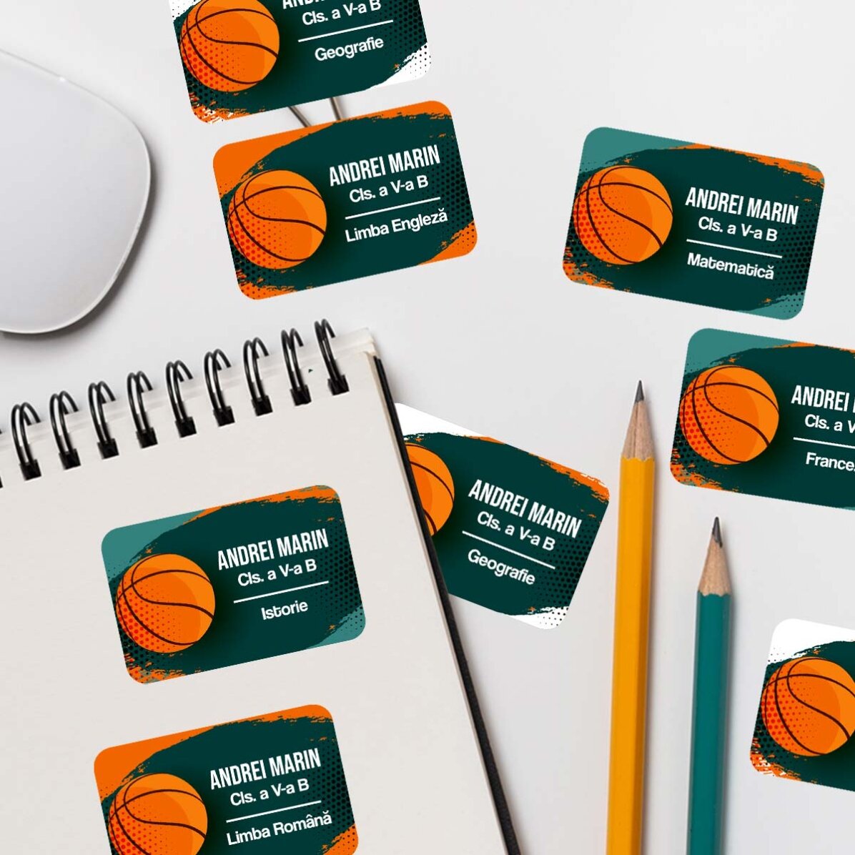 Set de 8 stickere (etichetă autoadezivă) personalizate pentru școală - Baschet