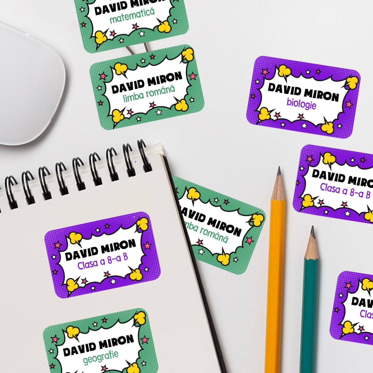 Set de 8 stickere (etichetă autoadezivă) personalizate pentru școală - Comics