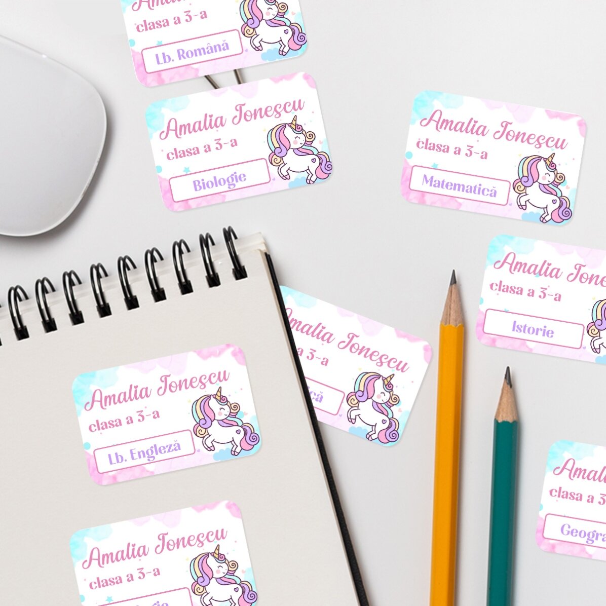 Set de 8 stickere (etichetă autoadezivă) personalizate pentru școală - Unicorn