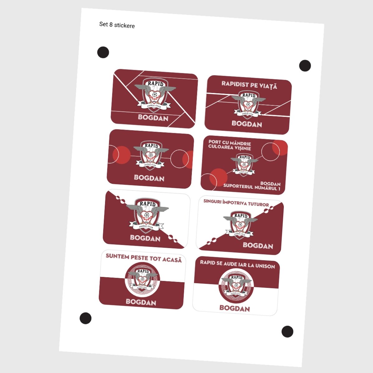 Set de 8 stickere (etichetă autoadezivă) FC Rapid personalizate cu nume și mesaje