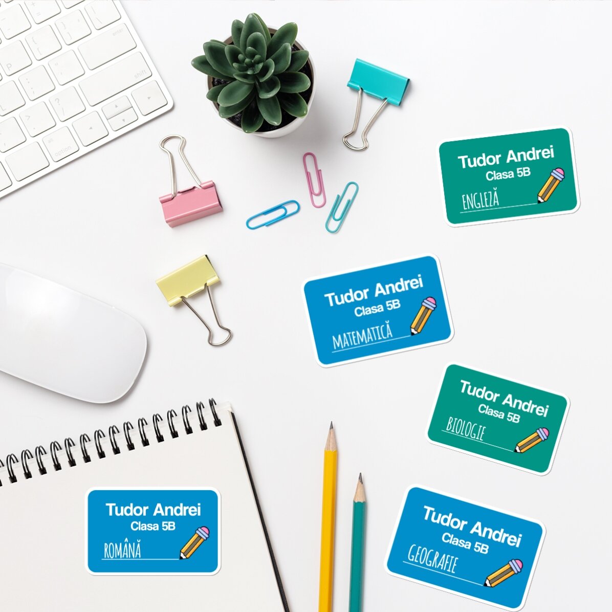 Set de 8 stickere (etichetă autoadezivă) personalizate pentru școală cu text - fundal colorat