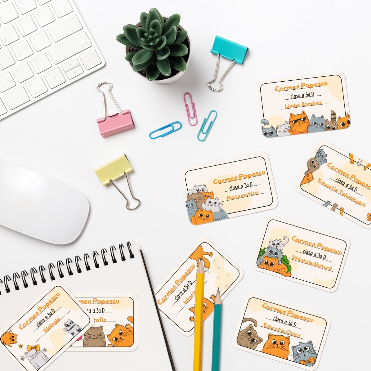 Set de 8 stickere (etichetă autoadezivă) personalizate pentru școală cu text - Kittens