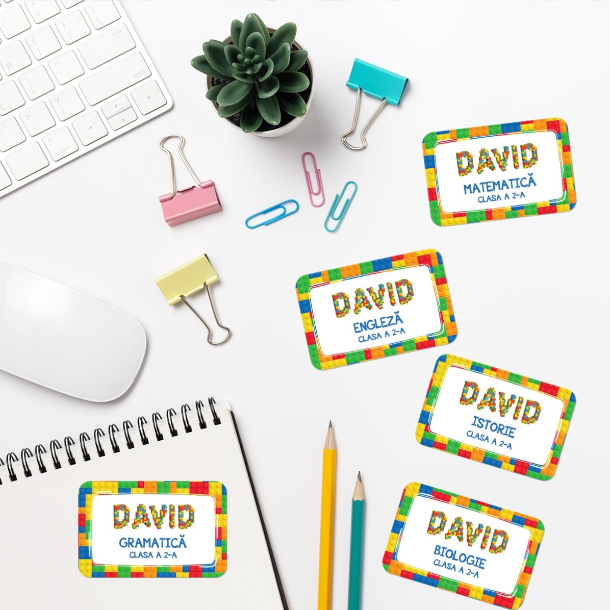 Set de 8 stickere (etichetă autoadezivă) personalizate pentru școală cu text - Lego