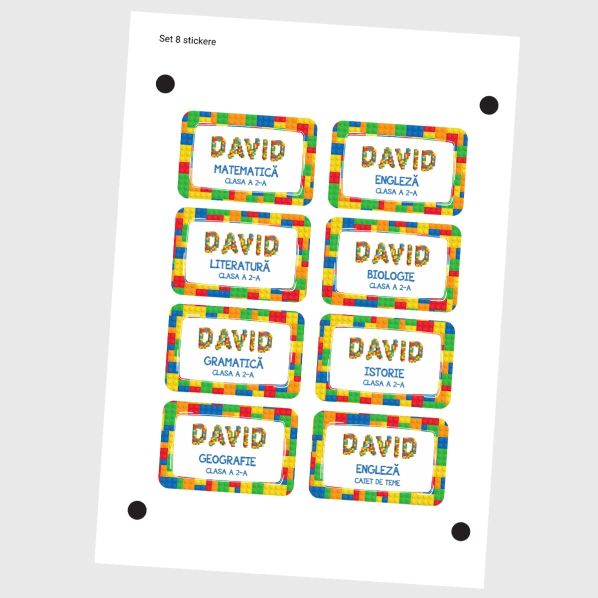Set de 8 stickere (etichetă autoadezivă) personalizate pentru școală cu text - Lego