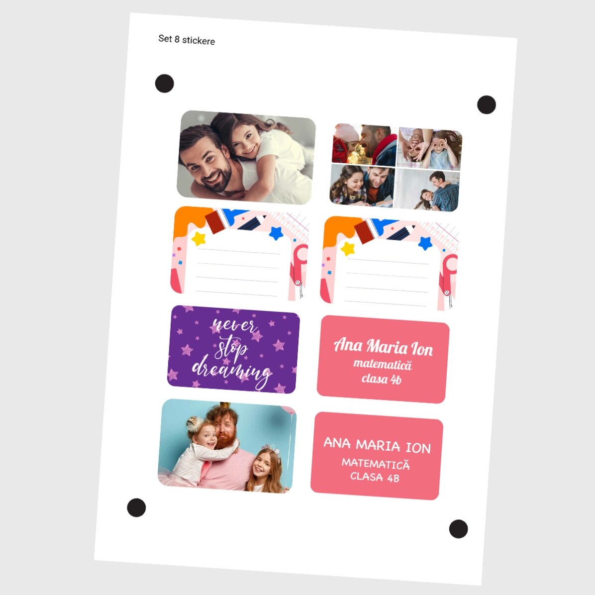 Set de 8 stickere (etichetă autoadezivă) personalizate pentru școală