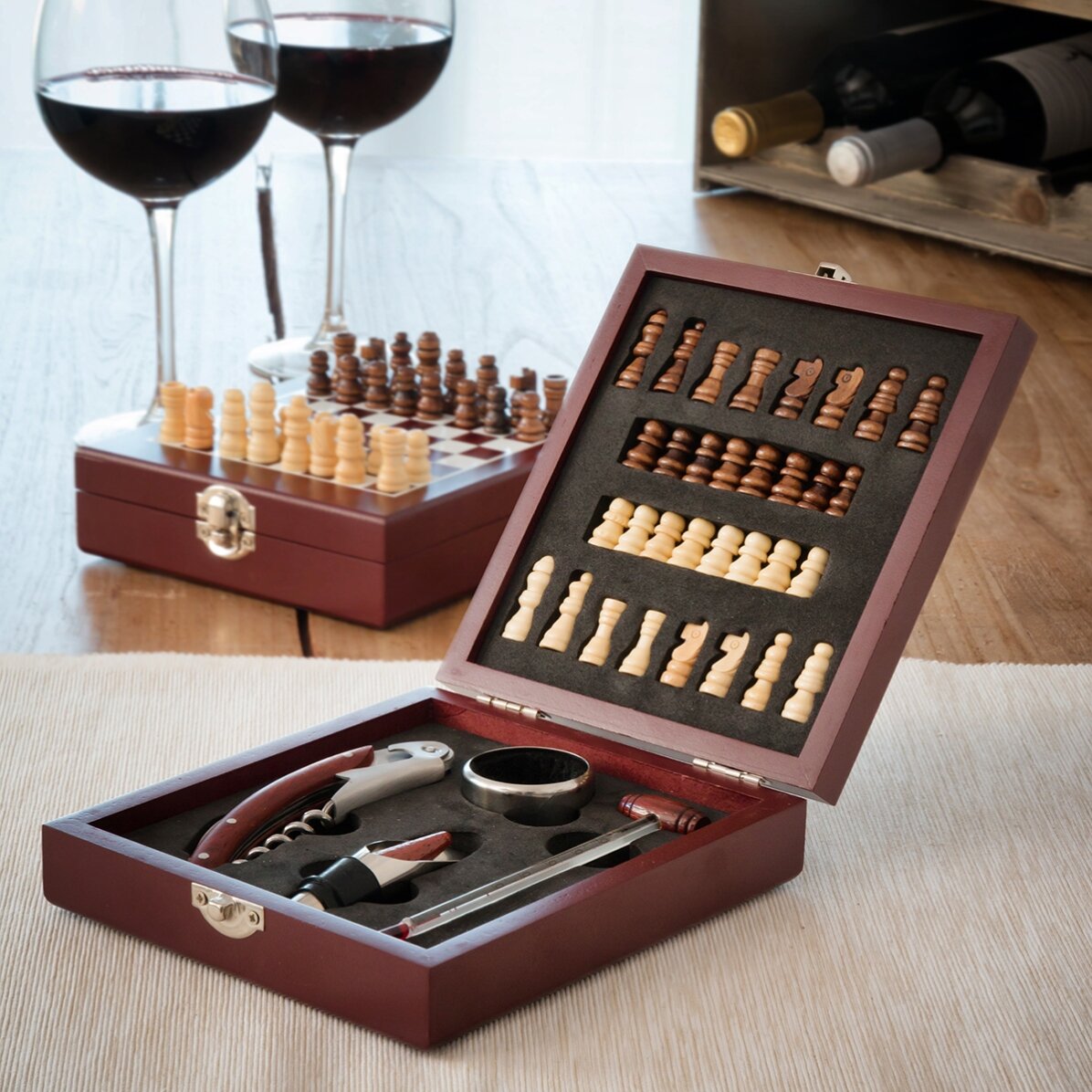 Chess set with wine accessories