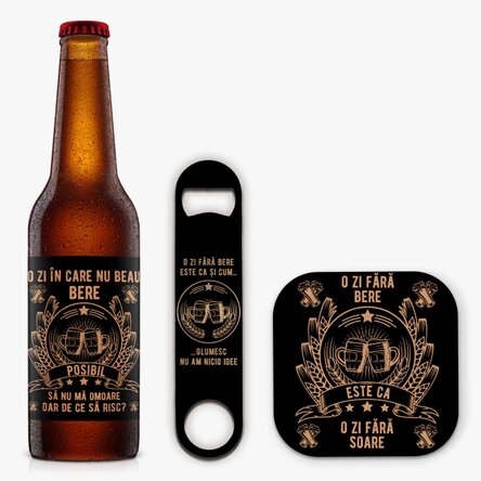 Set personalizat - bere la sticlă, desfăcător și suport pentru pahar - O zi fără bere