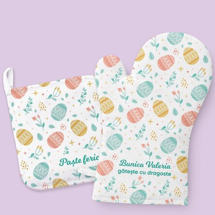Set personalizat - mănușă și suport de oală - Paște fericit