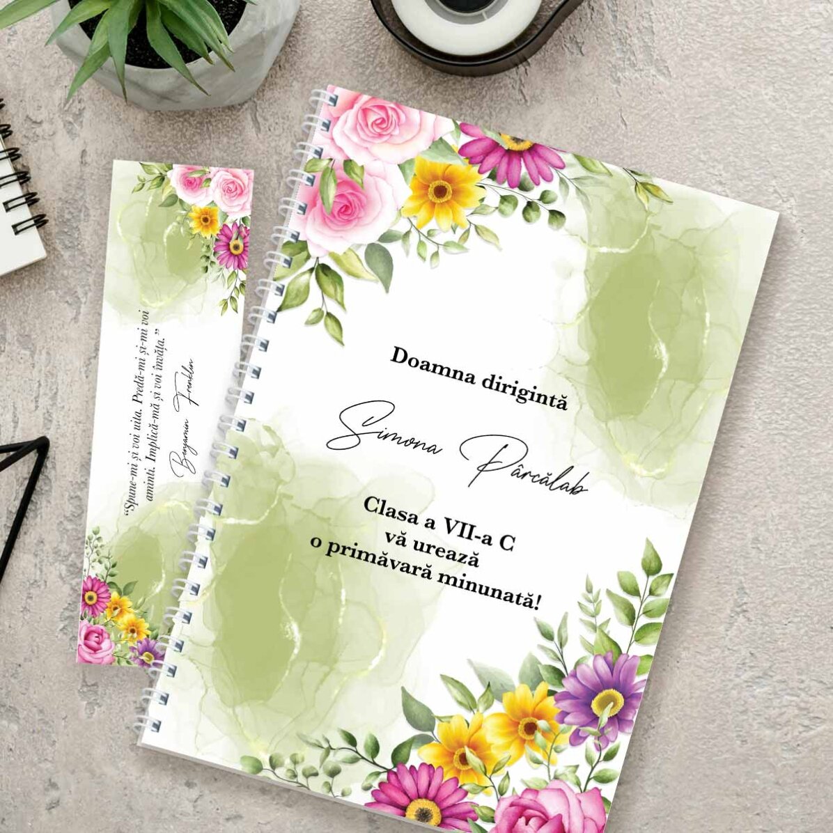 Set personalizat - notebook și semn de carte - Elegant flowers