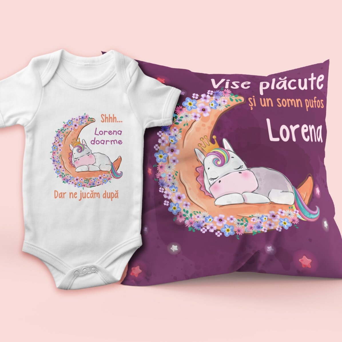 Set personalizat - Pernă și body - Sleepy unicorn