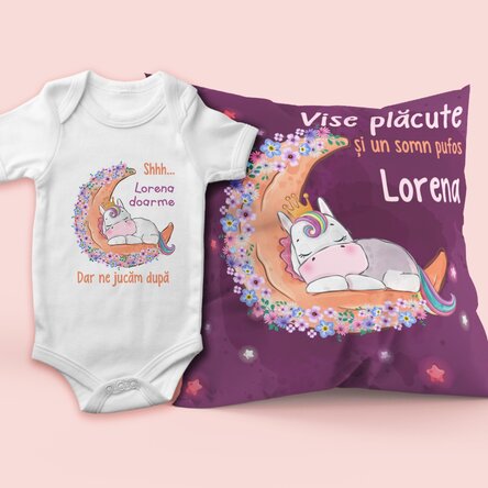 Set personalizat - Pernă și body - Sleepy unicorn