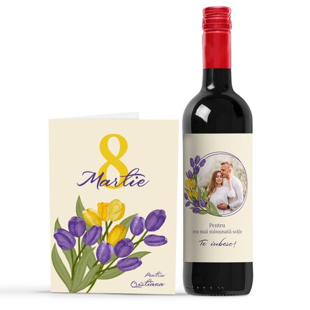 Set personalizat - sticlă de vin și felicitare - pentru 8 Martie